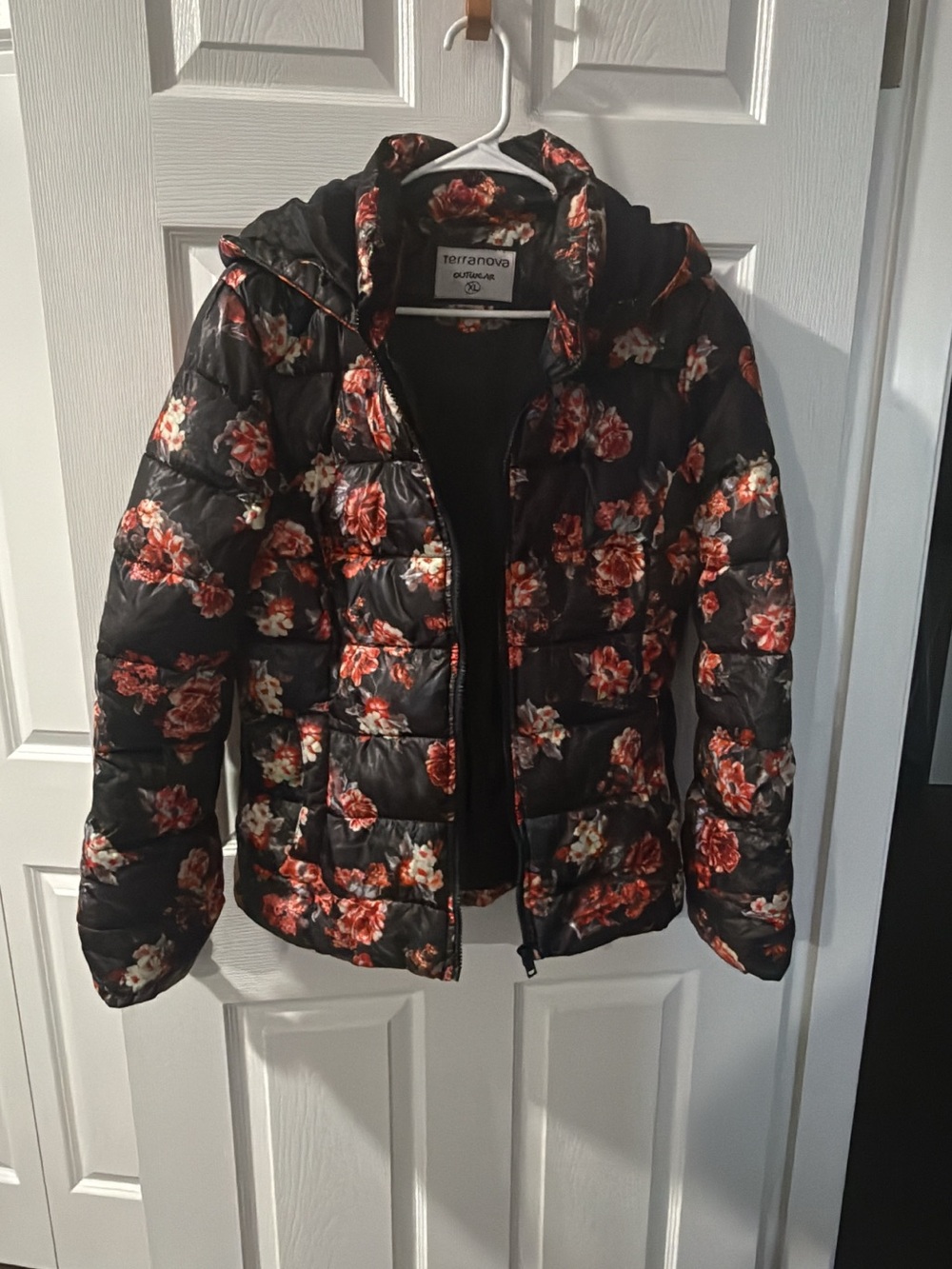 Terranova Black Floral Quilted Puffer Jacket with Hood